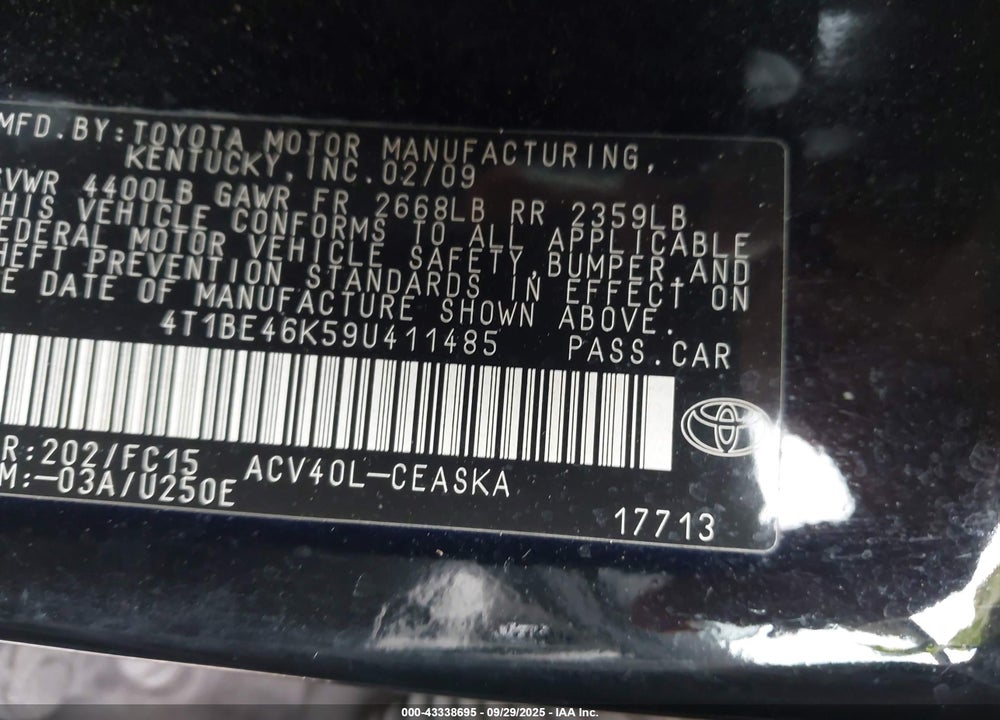 2009 TOYOTA CAMRY VIN: 4T1BE46K59U411485
