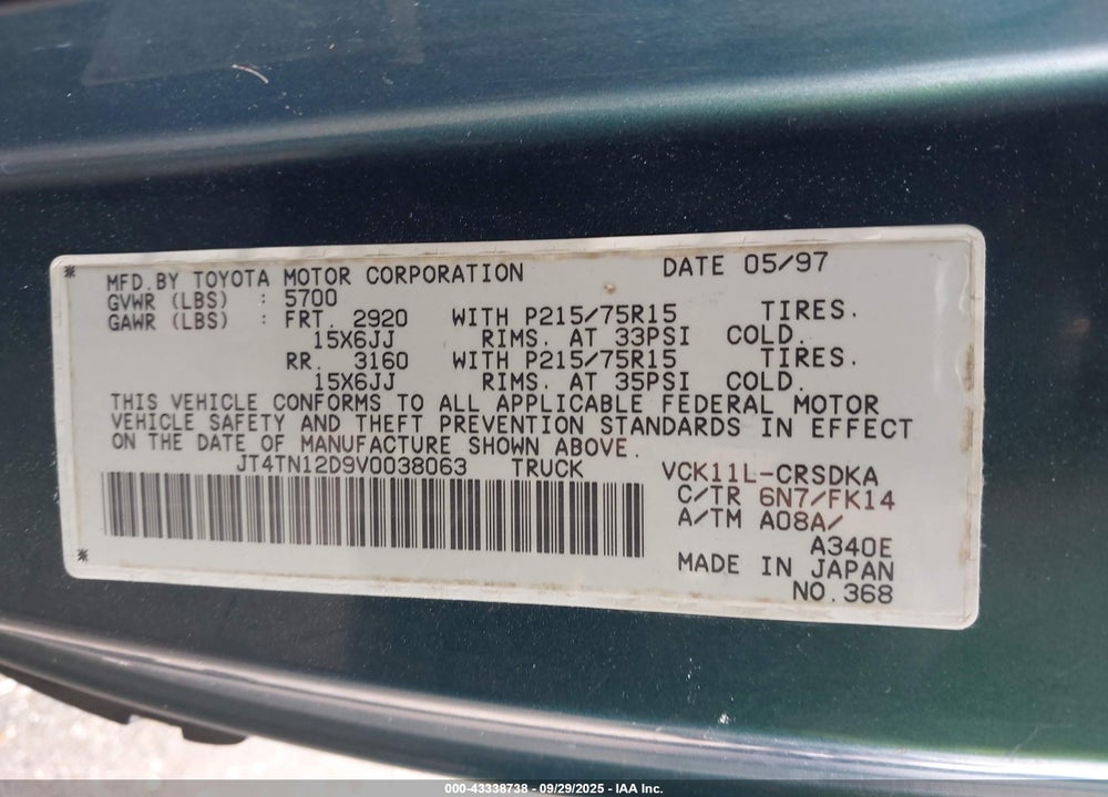 1997 TOYOTA T100 DX V6 VIN: JT4TN12D9V0038063