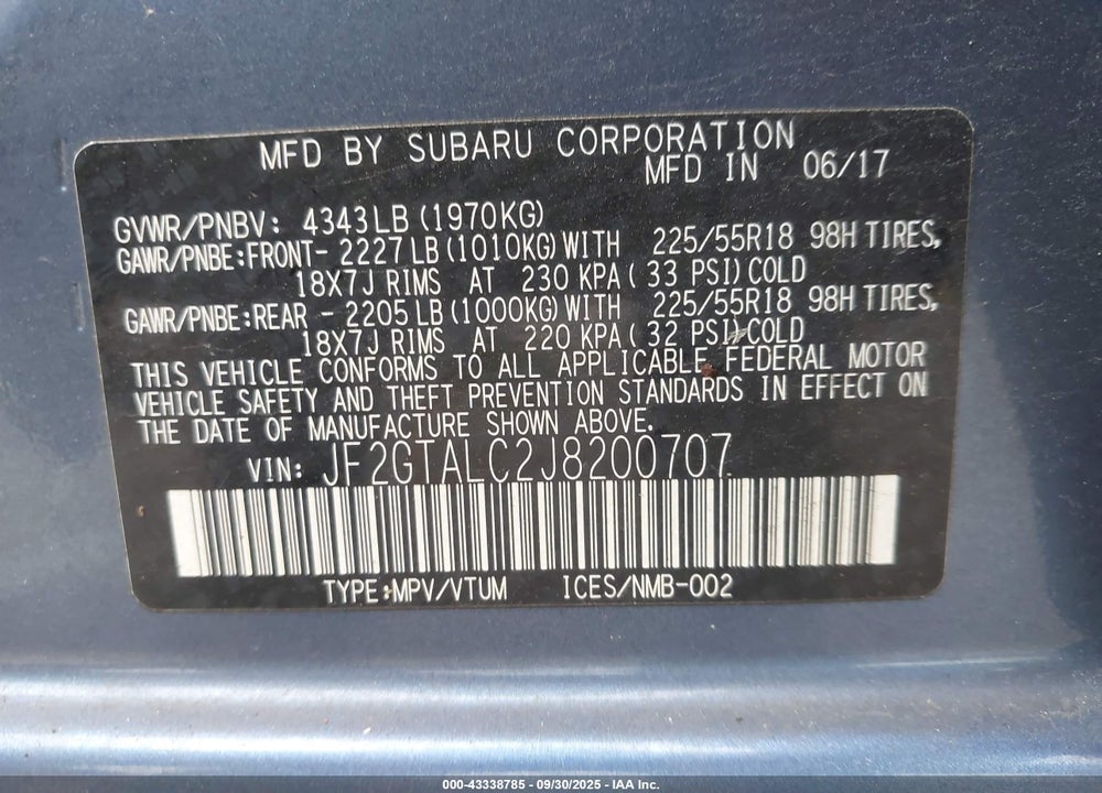 2018 SUBARU CROSSTREK VIN: JF2GTALC2J8200707