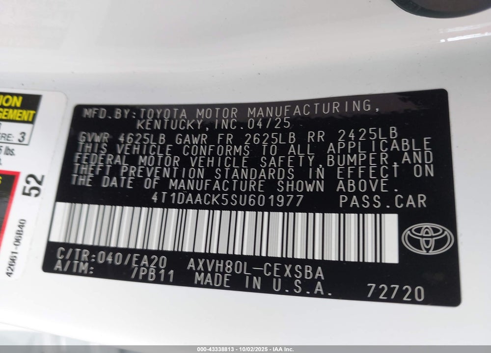 2025 TOYOTA CAMRY SE VIN: 4T1DAACK5SU601977