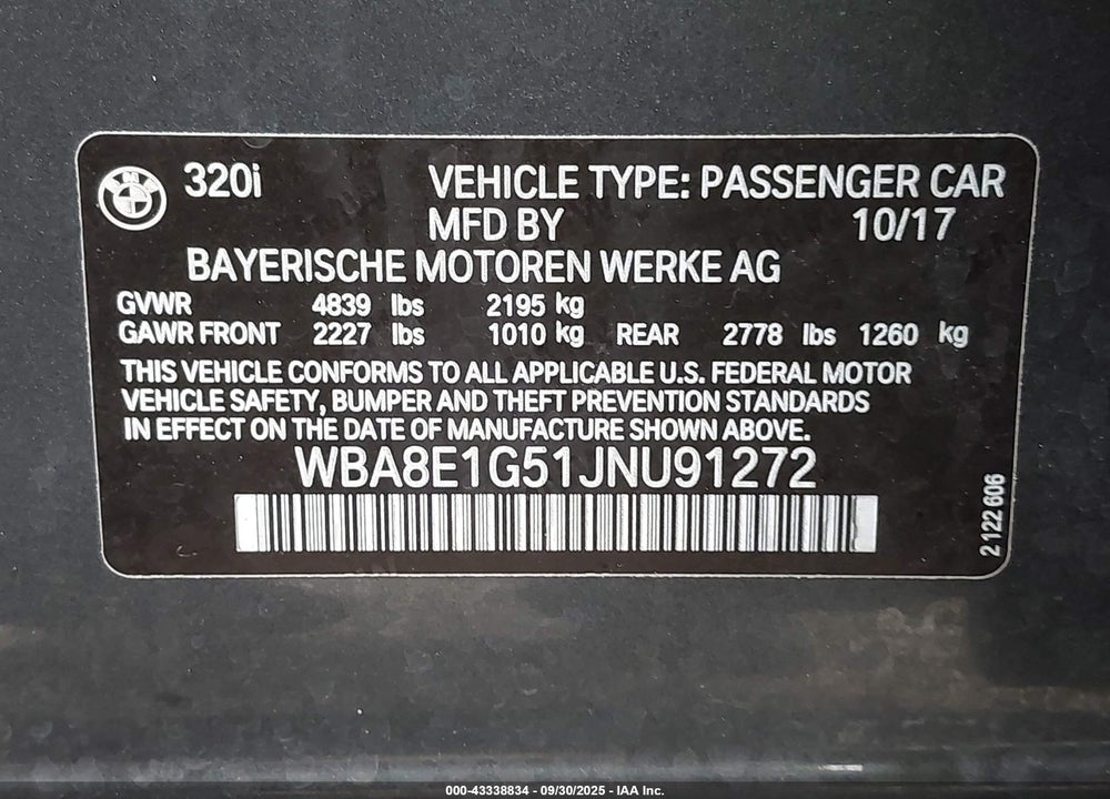 2018 BMW 3 SERIES VIN: WBA8E1G51JNU91272