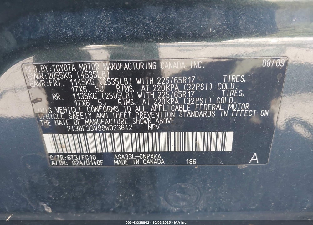 2009 TOYOTA RAV4 VIN: 2T3BF33V99W023642