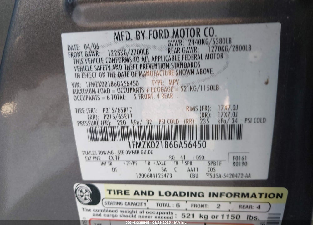 2006 FORD FREESTYLE VIN: 1FMZK02186GA56450