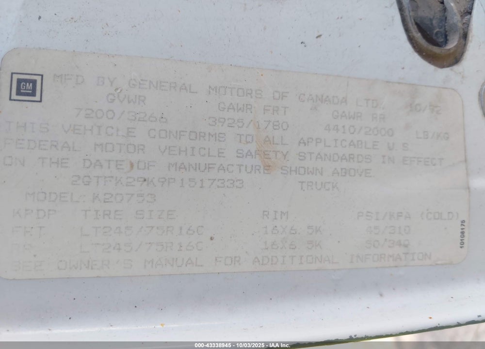 1993 GMC SIERRA VIN: 2GTFK29K9P1517333