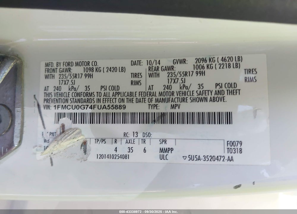 2015 FORD ESCAPE VIN: 1FMCU0G74FUA55889