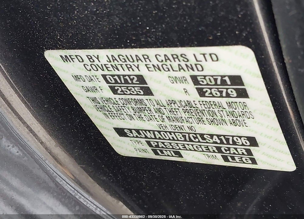 2012 JAGUAR XF PORTFOLIO VIN: SAJWA0HB7CLS41796