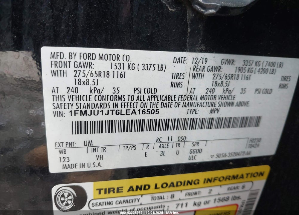 2020 FORD EXPEDITION XLT VIN: 1FMJU1JT6LEA16505