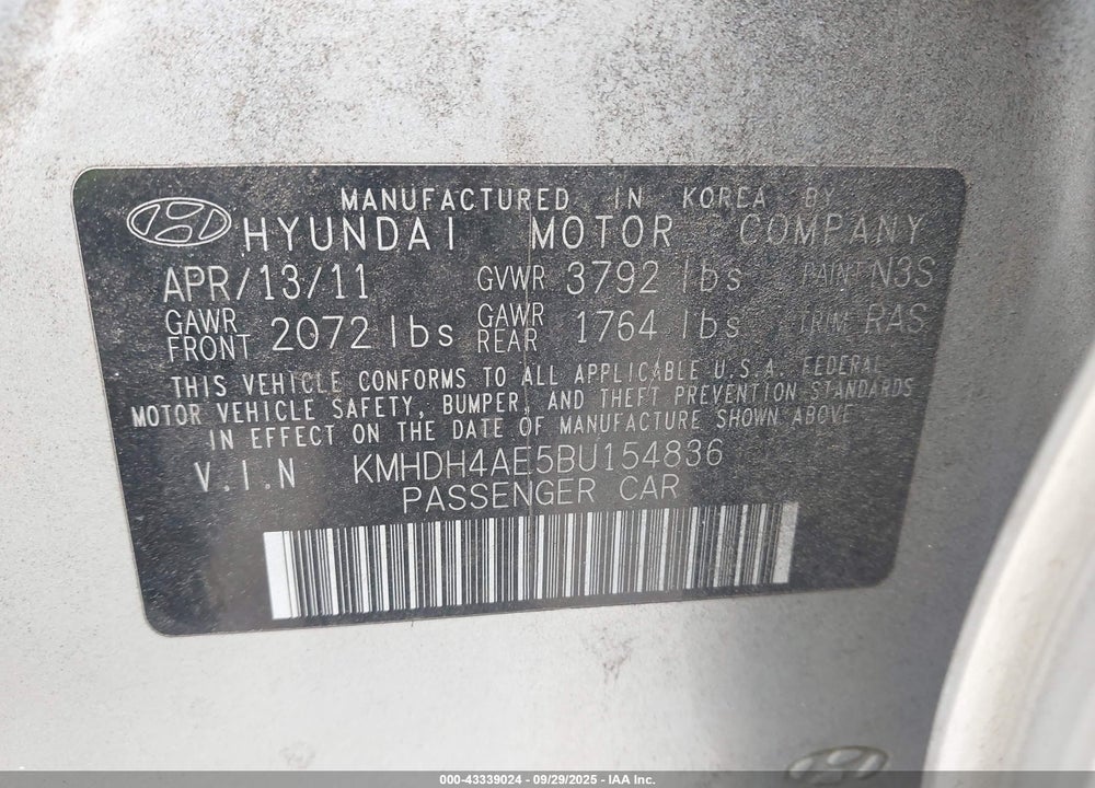 2011 HYUNDAI ELANTRA GLS (ULSAN PLANT) VIN: KMHDH4AE5BU154836