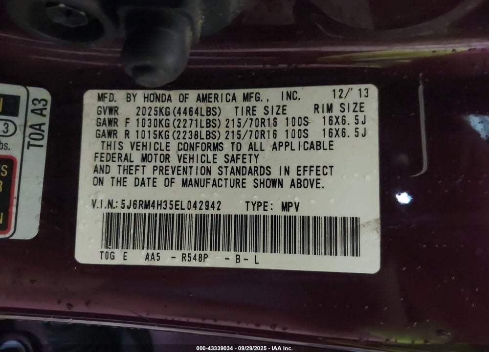 2014 HONDA CR-V LX VIN: 5J6RM4H35EL042942