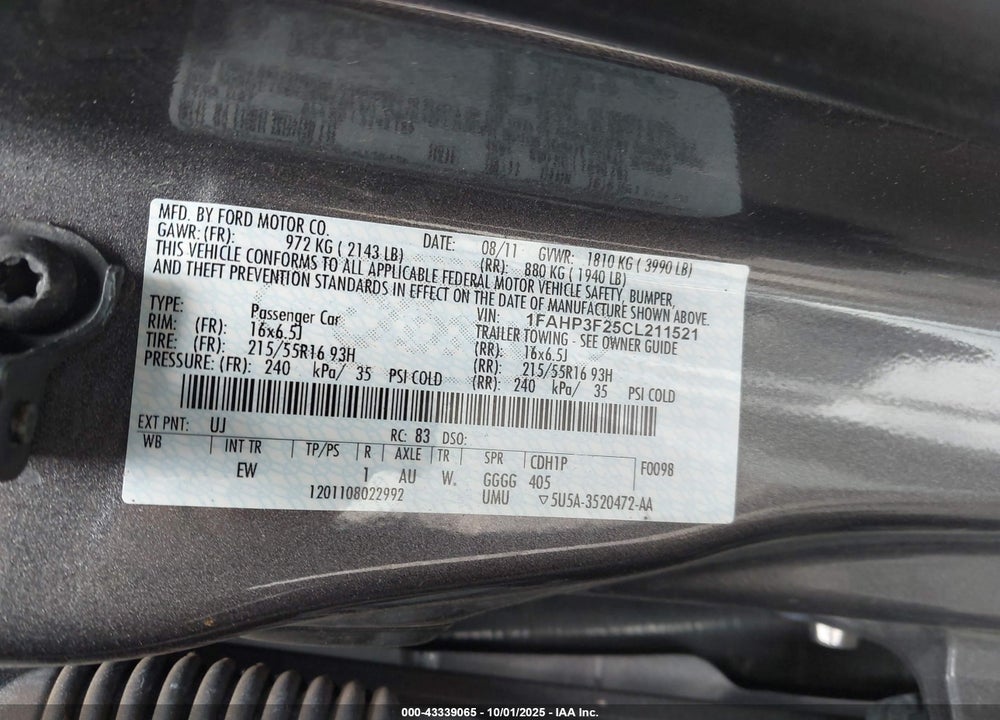2012 FORD FOCUS SE VIN: 1FAHP3F25CL211521