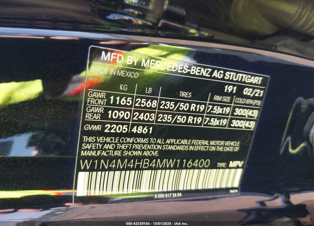 2021 MERCEDES-BENZ GLB 250 4MATIC VIN: W1N4M4HB4MW116400