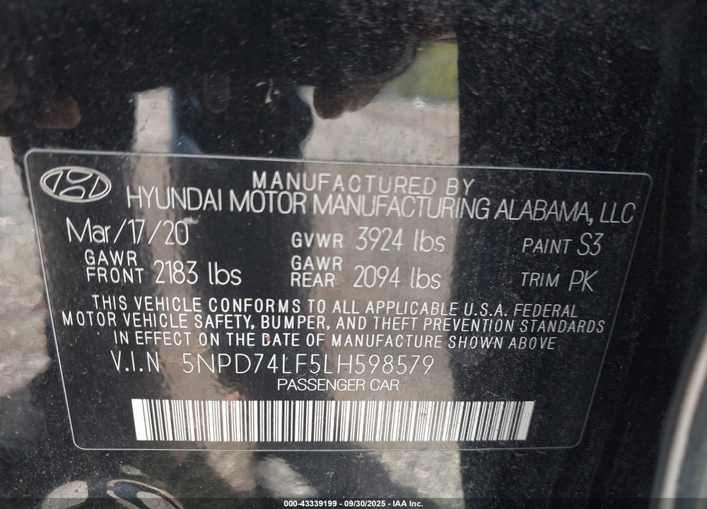 2020 HYUNDAI ELANTRA SE VIN: 5NPD74LF5LH598579