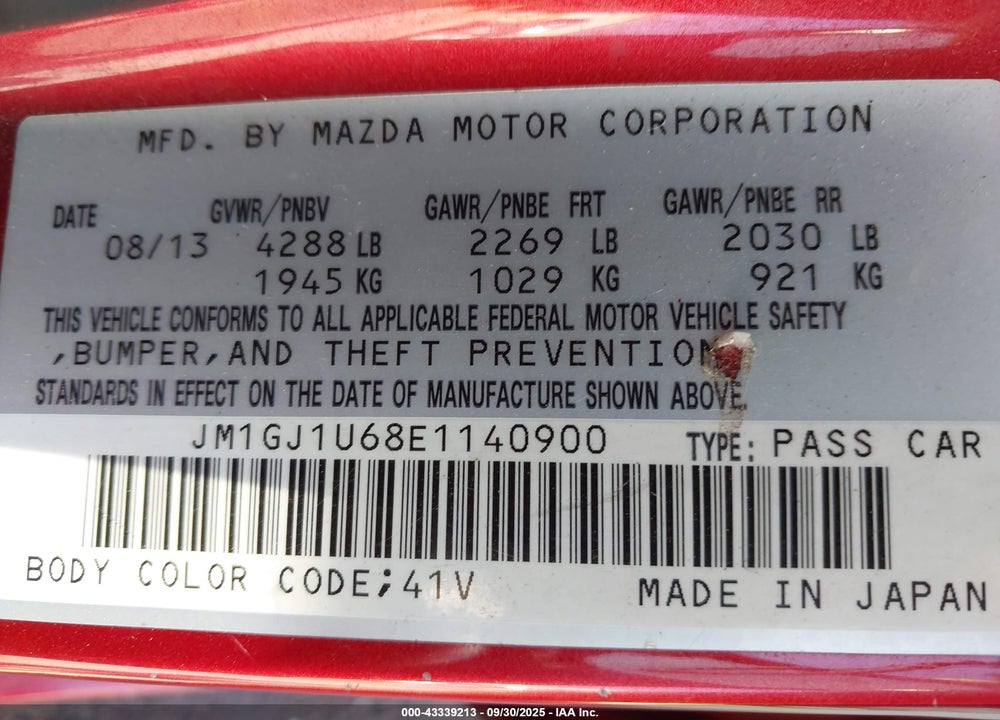 2014 MAZDA 6 VIN: JM1GJ1U68E1140900