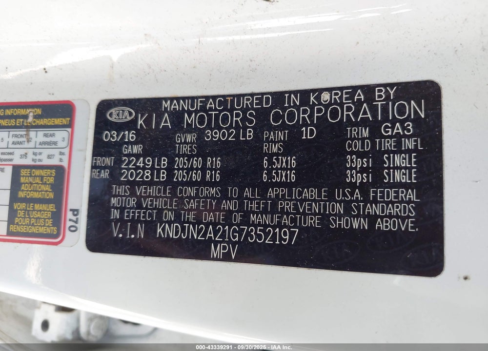 2016 KIA SOUL VIN: KNDJN2A21G7352197