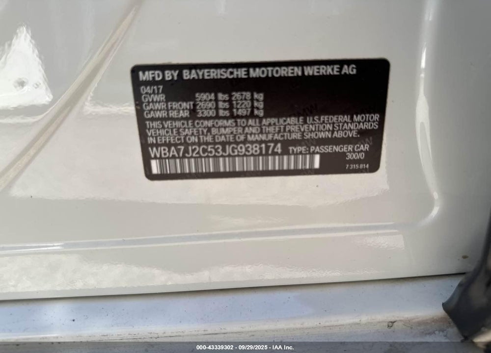 2018 BMW 7 SERIES VIN: WBA7J2C53JG938174