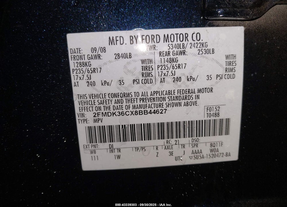 2008 FORD EDGE VIN: 2FMDK36CX8BB44627