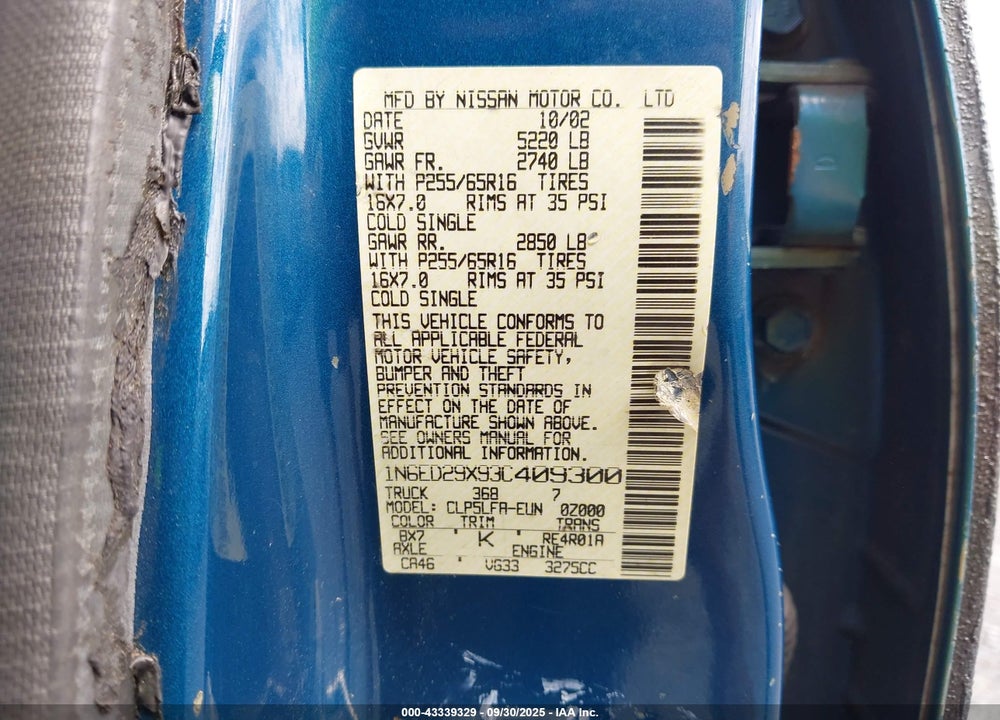 2003 NISSAN FRONTIER SE-V6 VIN: 1N6ED29X93C409300