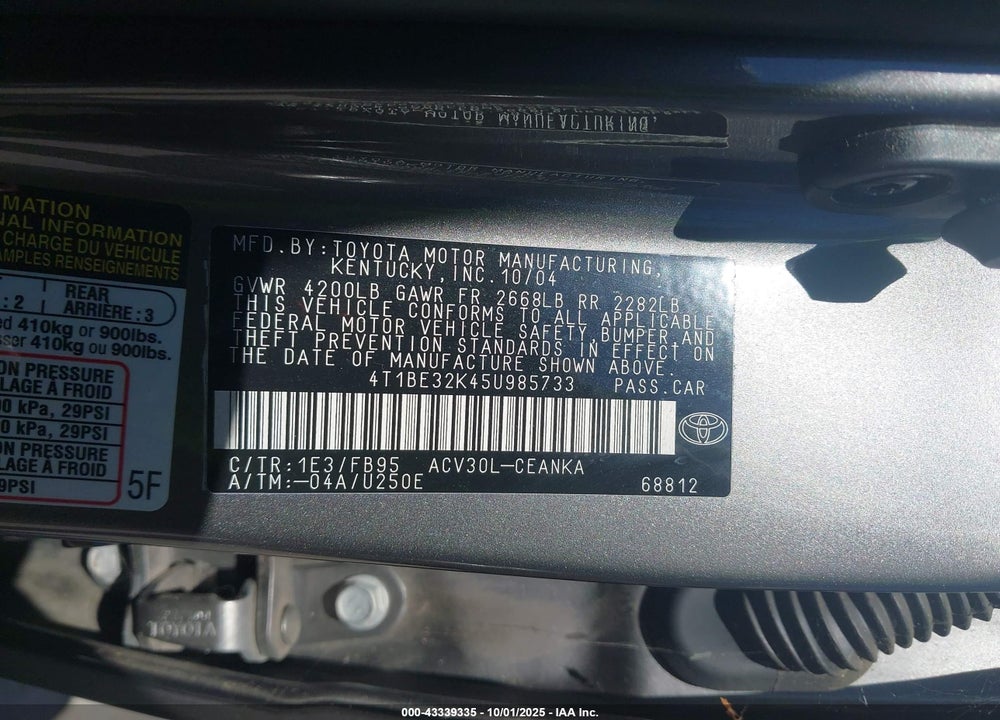 2005 TOYOTA CAMRY LE VIN: 4T1BE32K45U985733