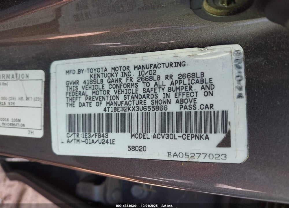 2003 TOYOTA CAMRY LE/XLE/SE VIN: 4T1BE32KX3U655866
