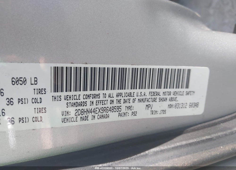 2009 DODGE GRAND CARAVAN SE VIN: 2D8HN44EX9R648595