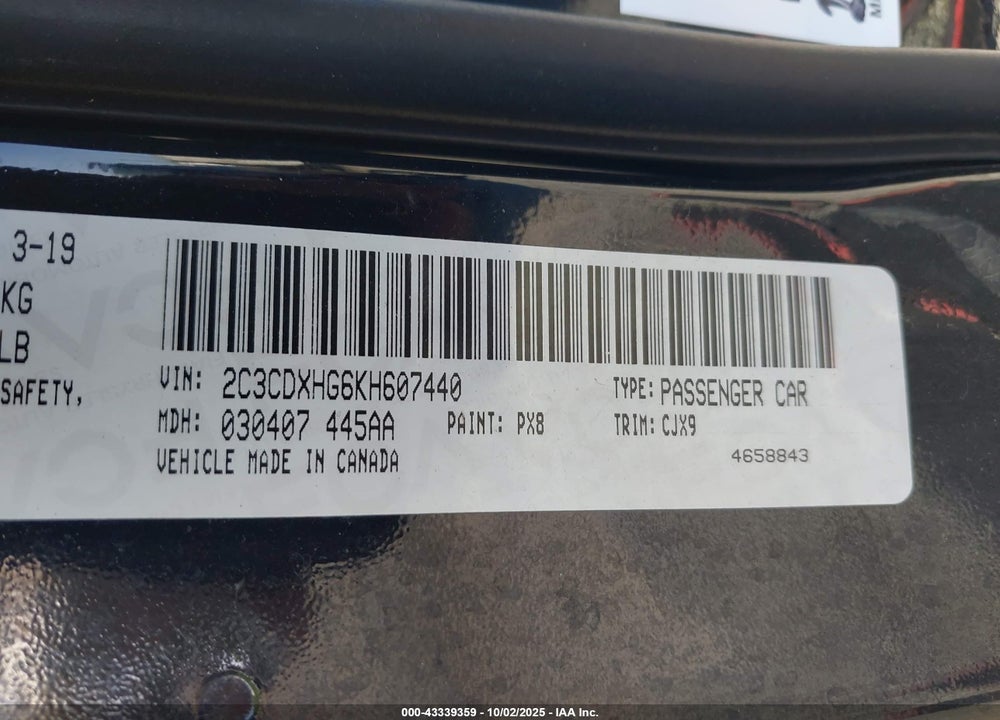 2019 DODGE CHARGER VIN: 2C3CDXHG6KH607440