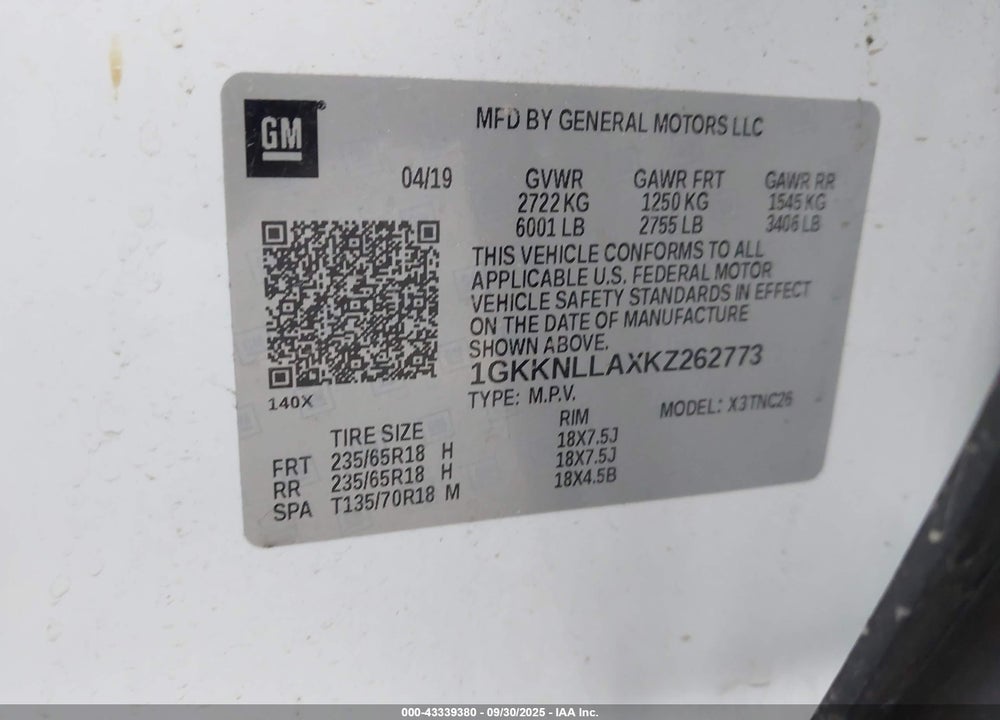 2019 GMC ACADIA VIN: 1GKKNLLAXKZ262773