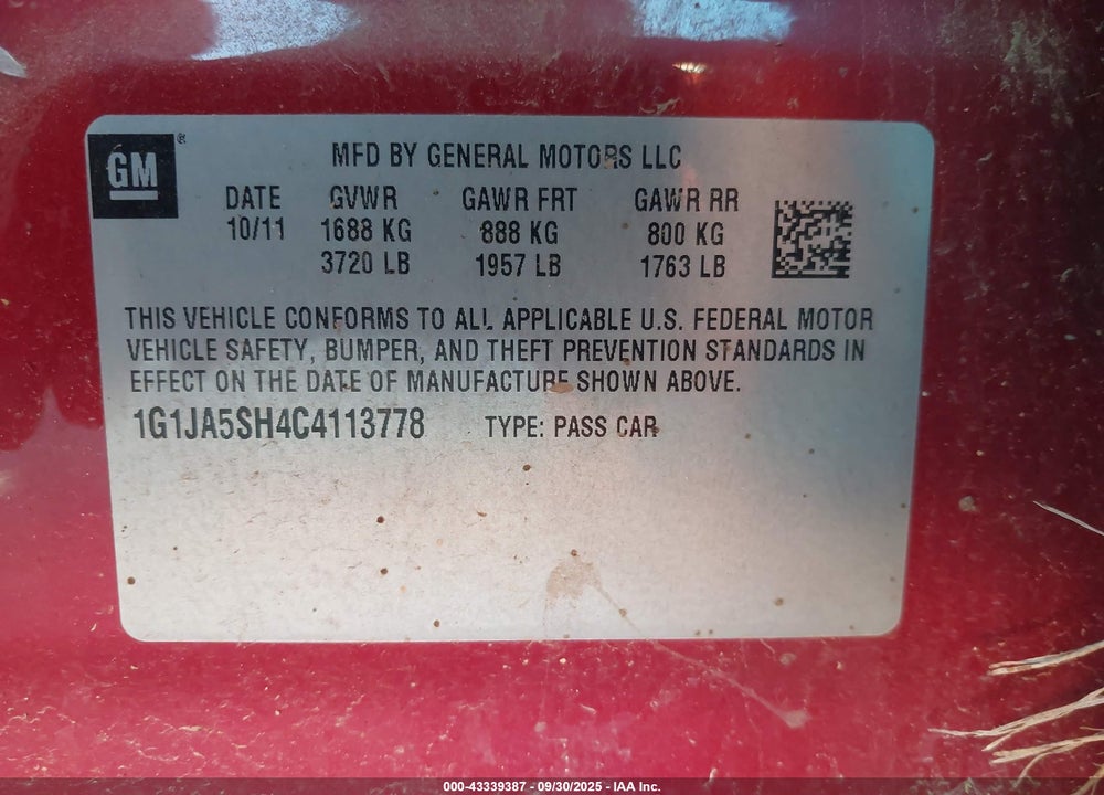 2012 CHEVROLET SONIC 2LS VIN: 1G1JA5SH4C4113778