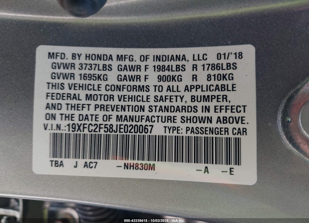 2018 HONDA CIVIC VIN: 19XFC2F58JE020067