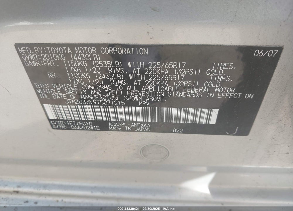2007 TOYOTA RAV4 VIN: JTMZD33V975071215