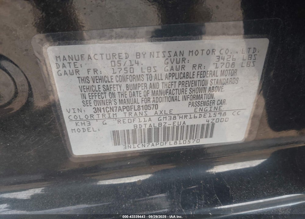 2015 NISSAN VERSA VIN: 3N1CN7AP0FL810570