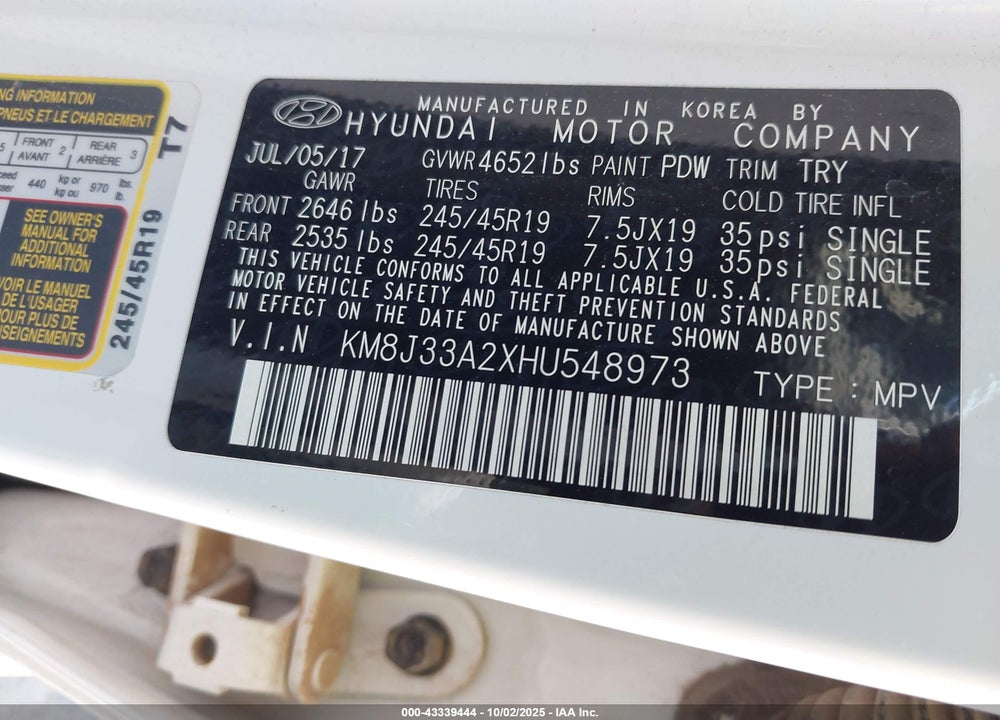 2017 HYUNDAI TUCSON VIN: KM8J33A2XHU548973