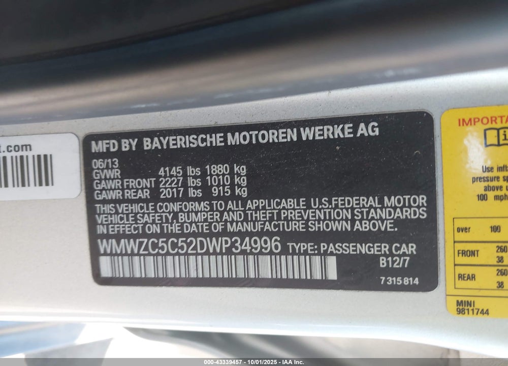 2013 MINI COUNTRYMAN VIN: WMWZC5C52DWP34996