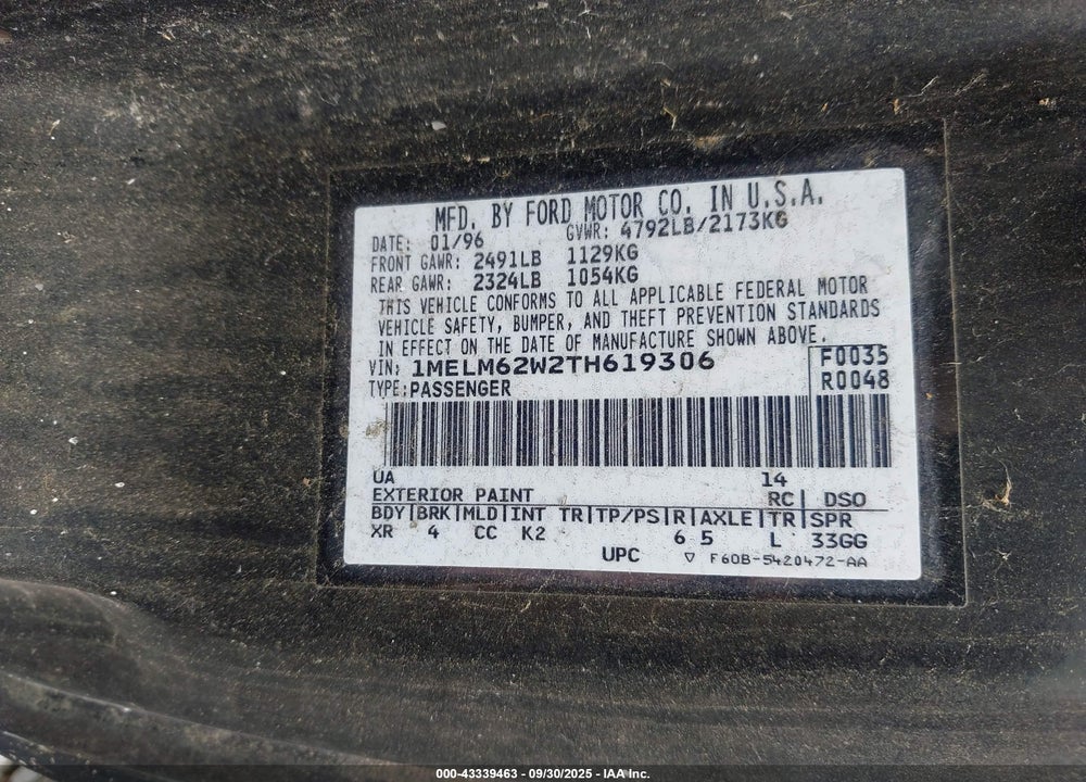1996 MERCURY COUGAR XR7 VIN: 1MELM62W2TH619306