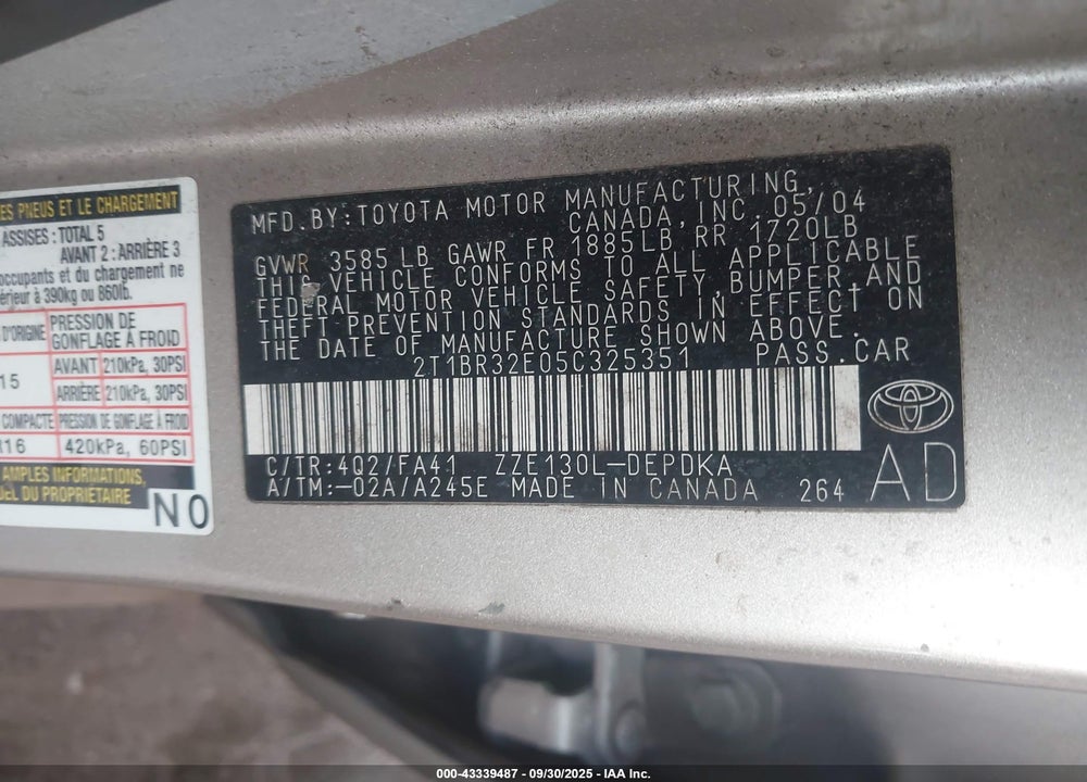 2005 TOYOTA COROLLA CE VIN: 2T1BR32E05C325351
