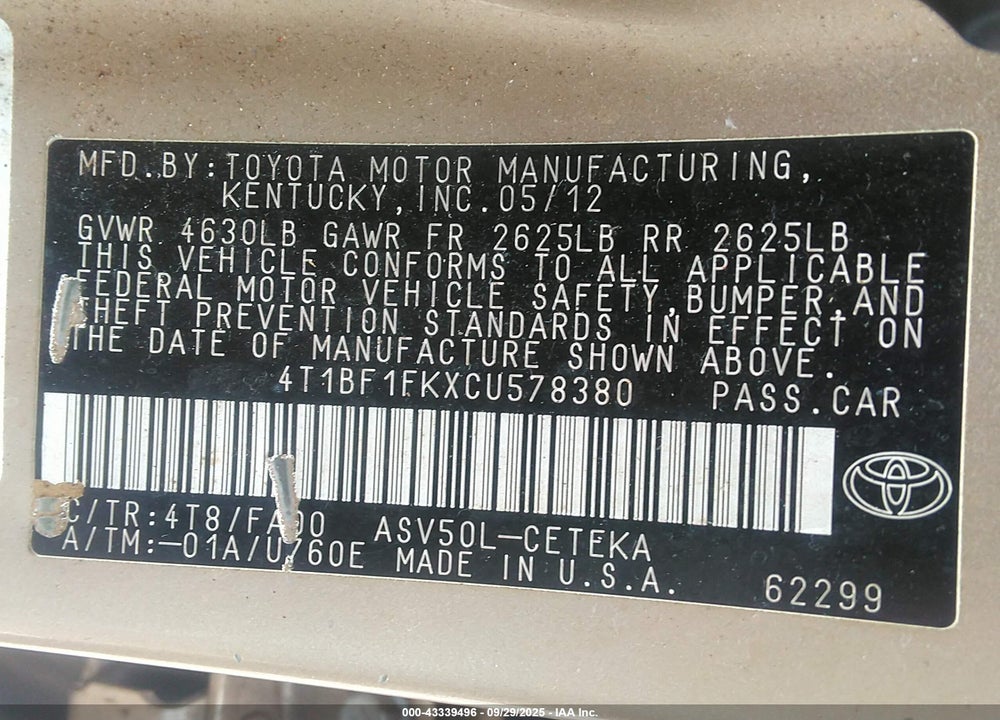 2012 TOYOTA CAMRY VIN: 4T1BF1FKXCU578380
