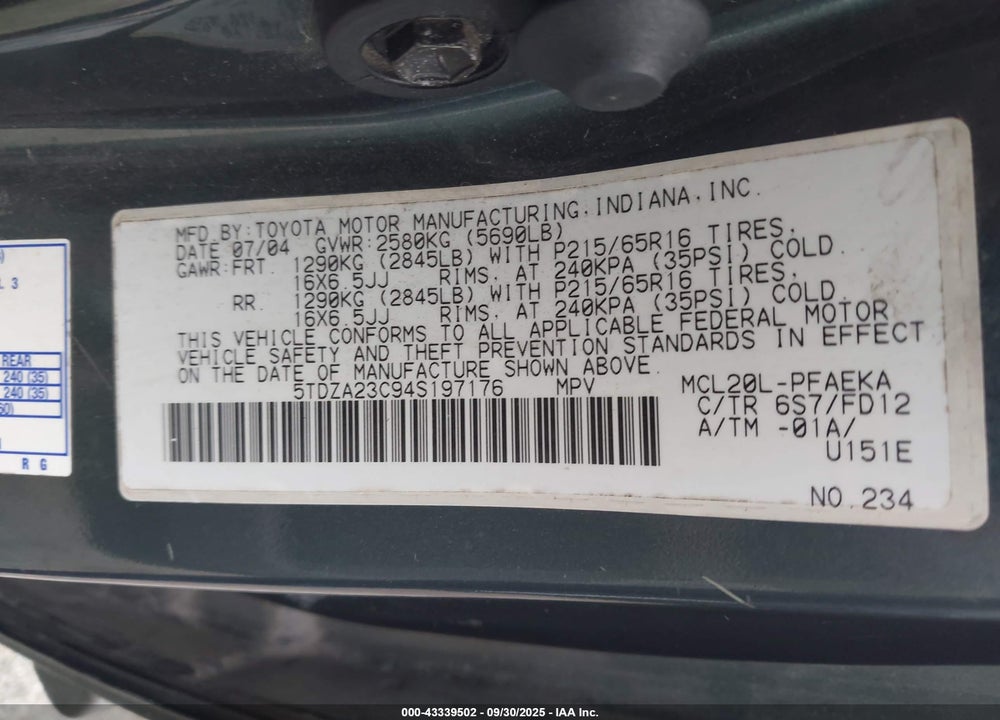 2004 TOYOTA SIENNA CE VIN: 5TDZA23C94S197176
