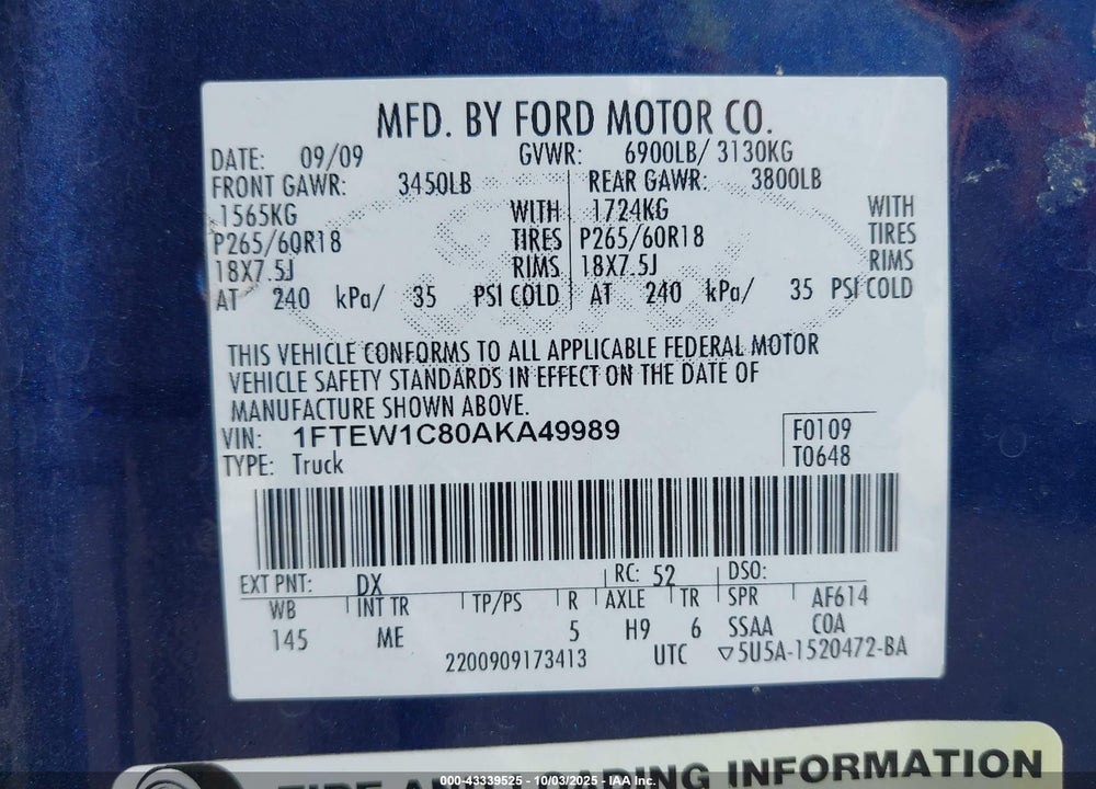 2010 FORD F-150 VIN: 1FTEW1C80AKA49989