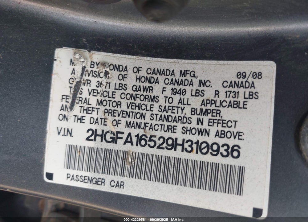 2009 HONDA CIVIC VIN: 2HGFA16529H310936