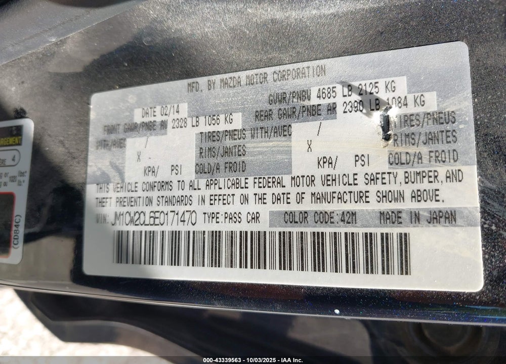 2014 MAZDA 5 VIN: JM1CW2CL6E0171470