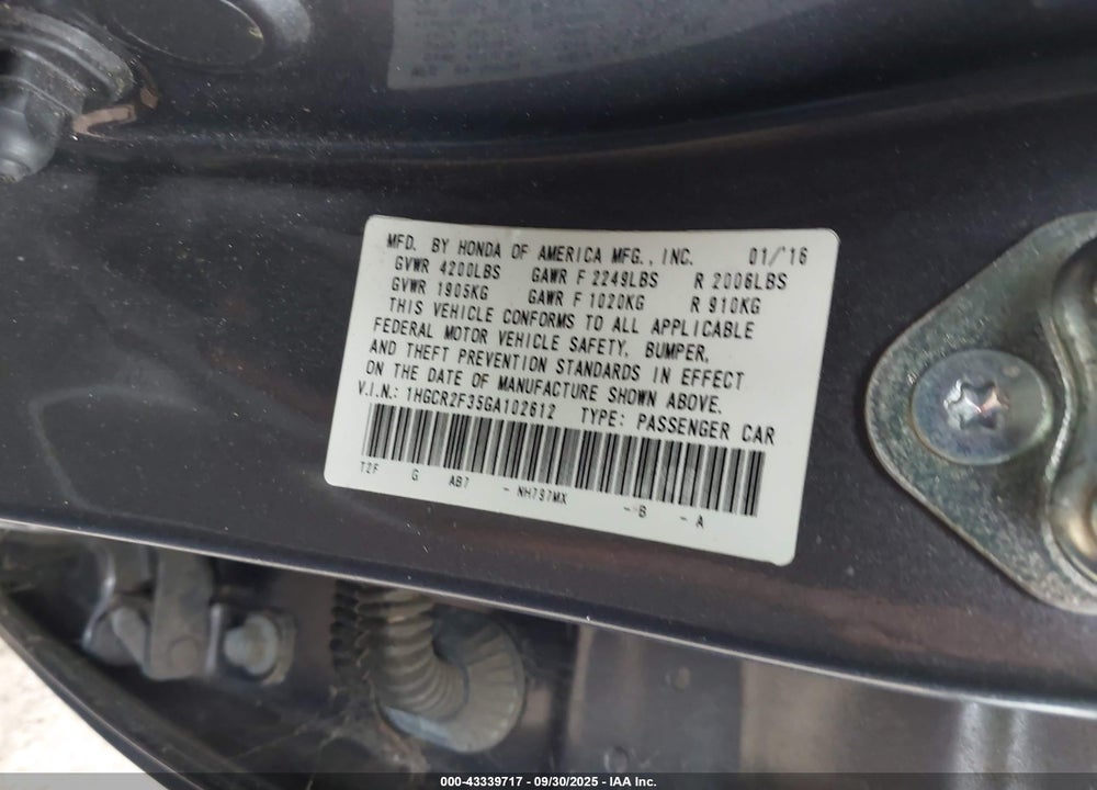 2016 HONDA ACCORD VIN: 1HGCR2F35GA102612