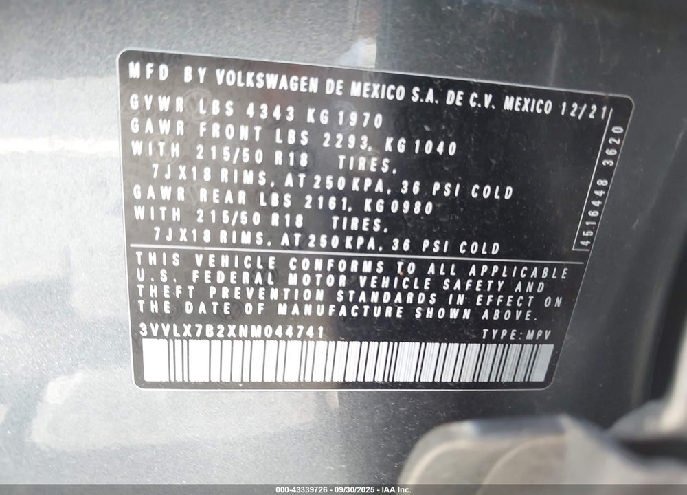 2022 VOLKSWAGEN TAOS 1.5T SE VIN: 3VVLX7B2XNM044741