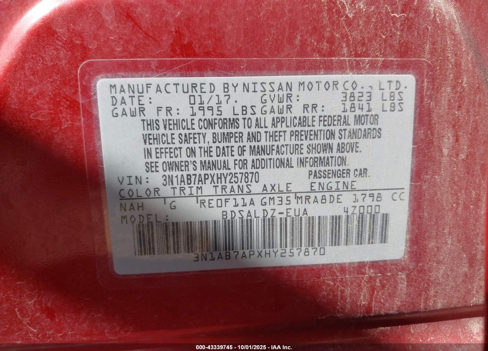 2017 NISSAN SENTRA VIN: 3N1AB7APXHY257870