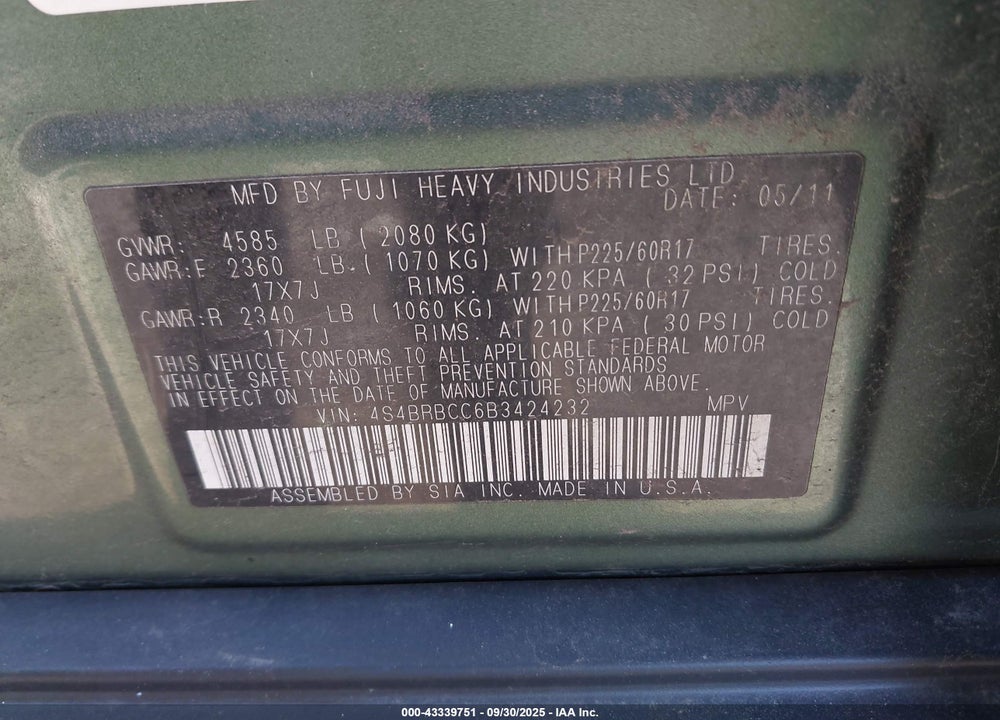 2011 SUBARU OUTBACK VIN: 4S4BRBCC6B3424232