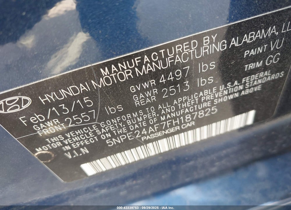 2015 HYUNDAI SONATA SE VIN: 5NPE24AF7FH187825
