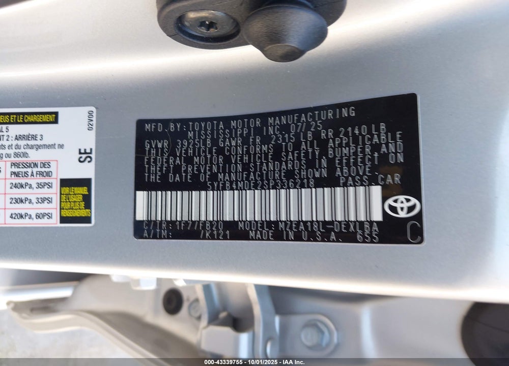 2025 TOYOTA COROLLA VIN: 5YFB4MDE2SP336218