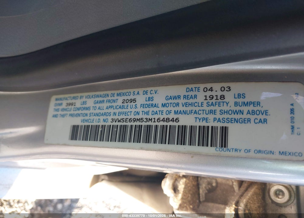 2003 VOLKSWAGEN JETTA GLS 1.8T VIN: 3VWSE69M53M164846