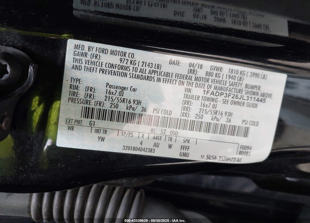 2018 FORD FOCUS SE VIN: 1FADP3F26JL311445