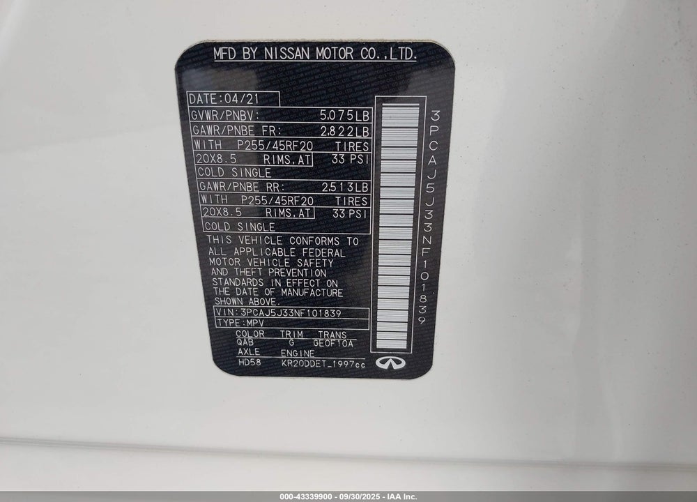 2022 INFINITI QX55 LUXE AWD VIN: 3PCAJ5J33NF101839