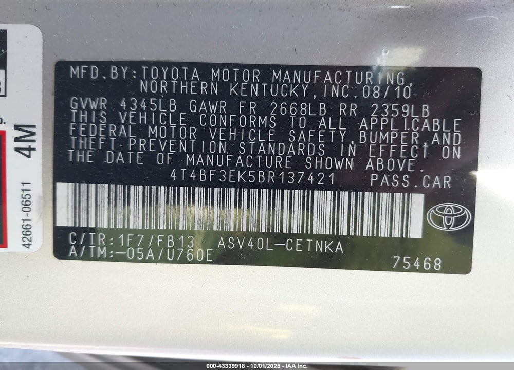 2011 TOYOTA CAMRY VIN: 4T4BF3EK5BR137421