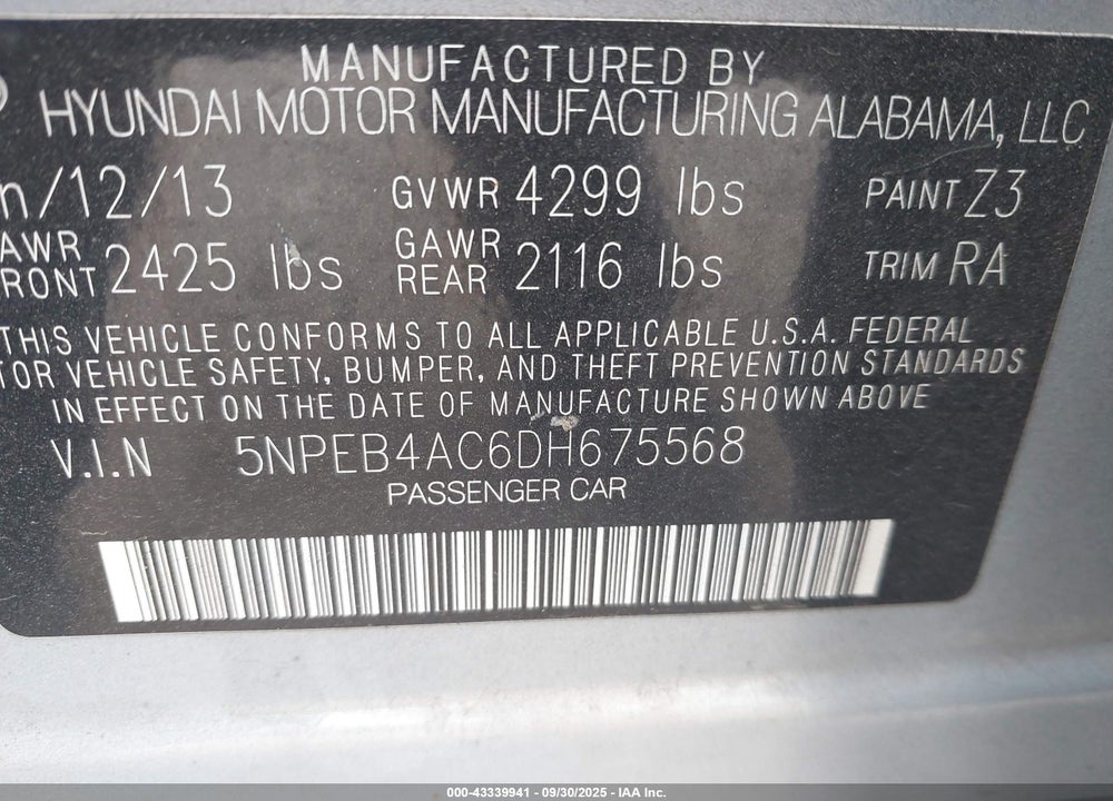 2013 HYUNDAI SONATA GLS VIN: 5NPEB4AC6DH675568